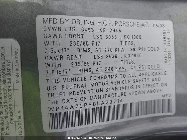 2008 PORSCHE CAYENNE WP1AA29P98LA29714 Photo 8