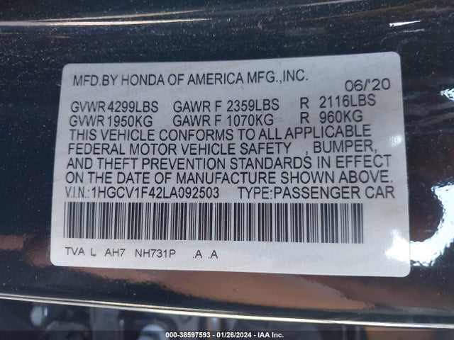 Honda ACCORD EX 2020 1HGCV1F42LA092503 Image 9