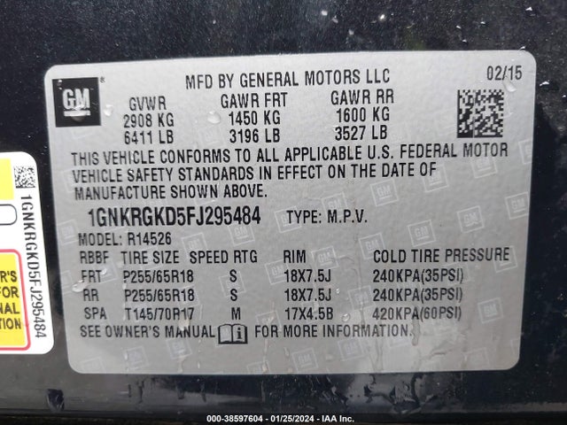 Chevrolet Traverse 1lt 2015 1GNKRGKD5FJ295484 Image 9
