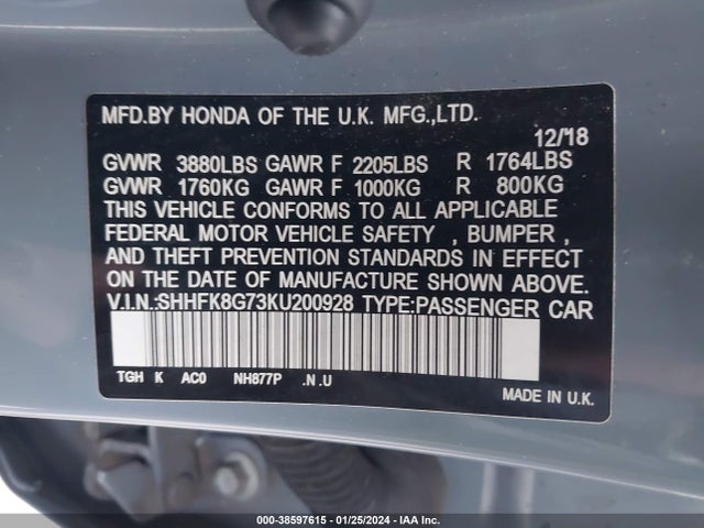 2019 HONDA CIVIC TYPE-R TOURING VIN: SHHFK8G73KU200928