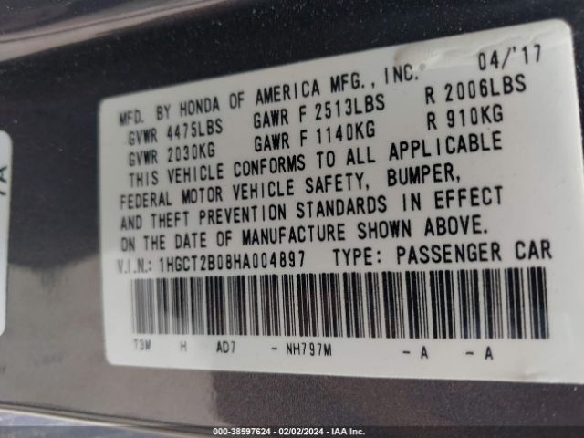 1HGCT2B08HA004897 Honda Accord Touring V6