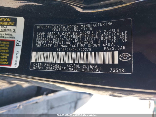 Toyota CAMRY XLE 2017 4T1BF1FK0HU700378 Image 9