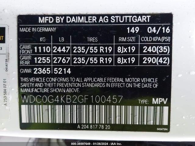 2016 MERCEDES-BENZ GLC 300 4MATIC VIN: WDC0G4KB2GF100457