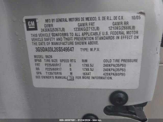 2006 BUICK RENDEZVOUS CX VIN: 3G5DA03L26S549647