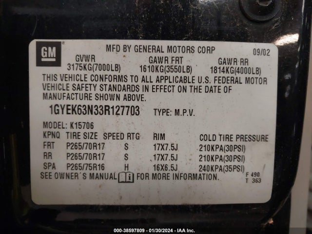 2003 CADILLAC ESCALADE 1GYEK63N33R127703 Photo 8