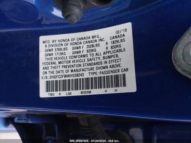 Honda Civic Sport 2019 2HGFC2F84KH538243 Image 9