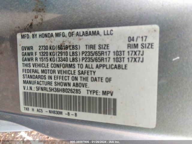 5FNRL5H36HB026285 Honda ODYSSEY SE