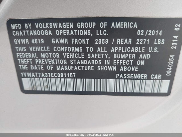 1VWAT7A37EC081157 Volkswagen Passat 1.8t S