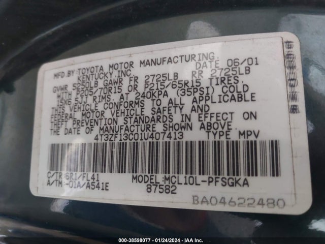 2001 TOYOTA SIENNA XLE VIN: 4T3ZF13C01U407413