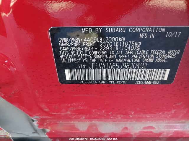 Subaru WRX 2018 JF1VA1A65J9820492 Image 9