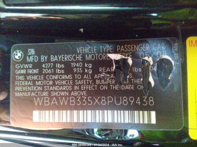 2008 BMW 328I VIN: WBAWB335X8PU89438