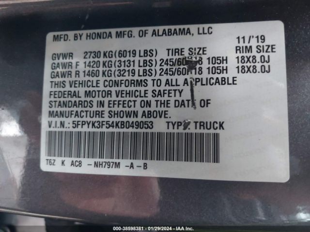 5FPYK3F54KB049053 Honda Ridgeline Rtl