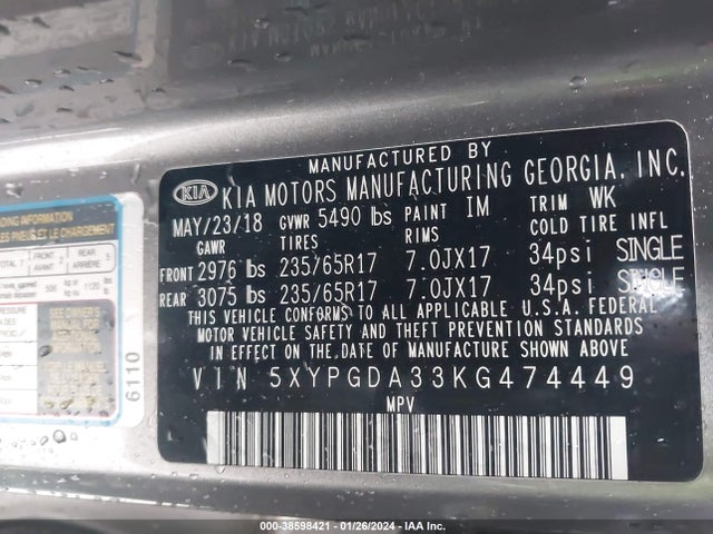 KIA Sorento 2.4l Lx 2019 5XYPGDA33KG474449 Image 9