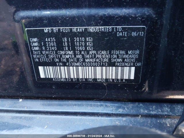 2013 SUBARU LEGACY 2.5I PREMIUM VIN: 4S3BMBC65D3002713