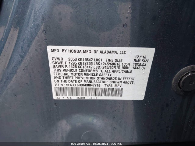 Honda Pilot Ex 2019 5FNYF6H36KB047718 Image 9