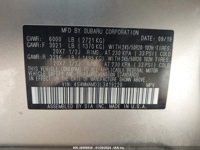 Subaru Ascent Limited 2020 4S4WMAMD3L3419220 Image 9
