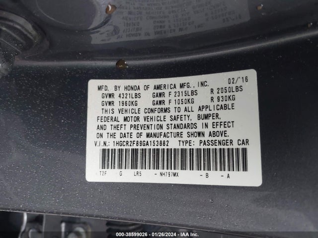 Honda Accord Ex-l 2016 1HGCR2F89GA153882 Image 9