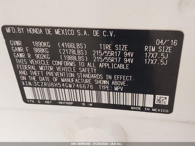 Honda HR-V EX 2016 3CZRU6H54GM746676 Image 9
