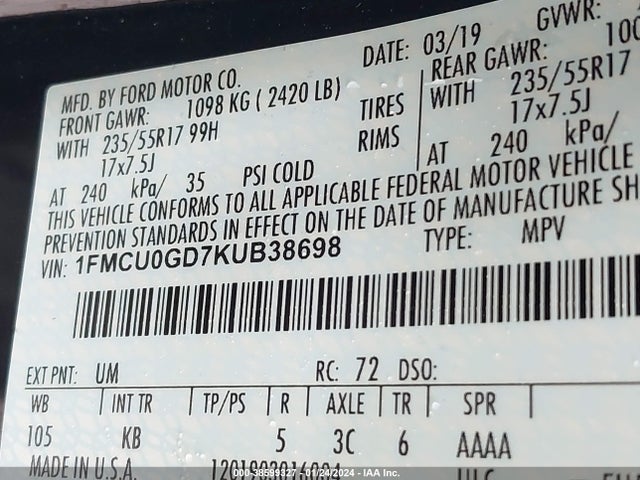 2019 FORD ESCAPE SE VIN: 1FMCU0GD7KUB38698
