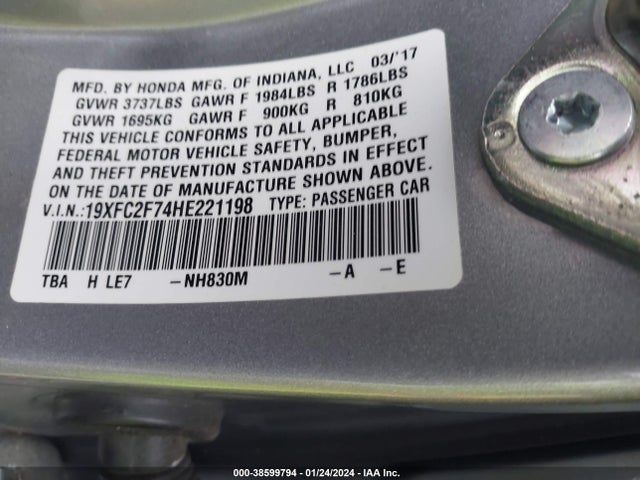 2017 HONDA CIVIC EX VIN: 19XFC2F74HE221198