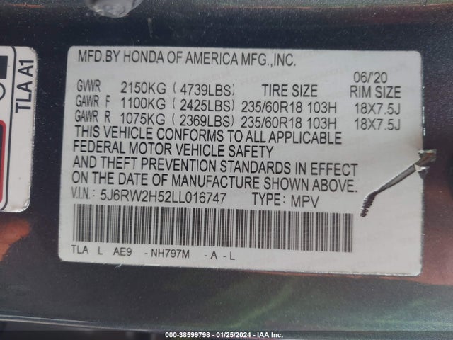 Honda Cr-v Awd Ex 2020 5J6RW2H52LL016747 Image 9