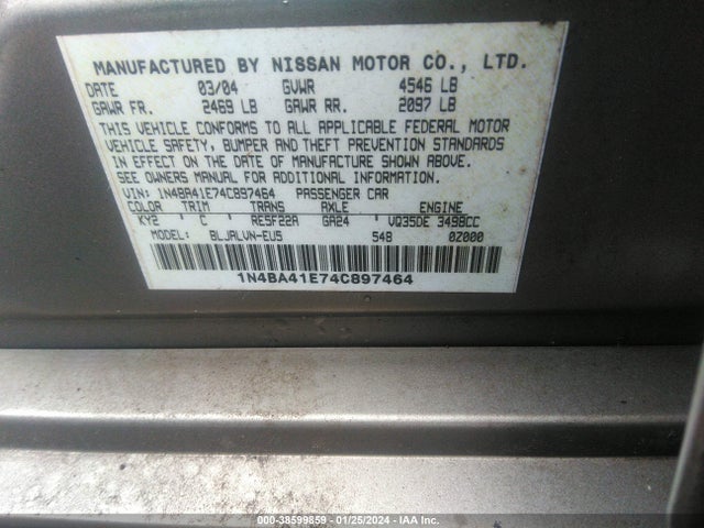 2004 NISSAN MAXIMA 3.5 SL VIN: 1N4BA41E74C897464