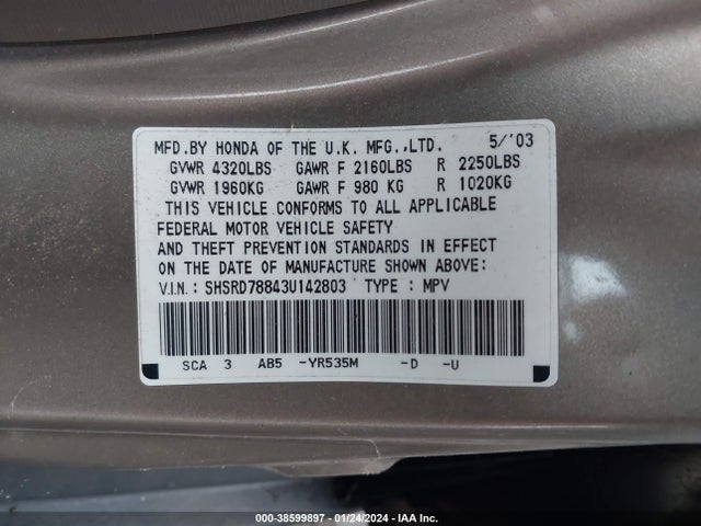 2003 HONDA CR-V EX VIN: SHSRD78843U142803