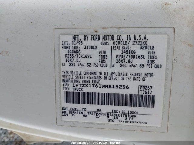 1998 FORD F-150 LARIAT/STANDARD/XL/XLT VIN: 1FTZX1761WNB15236