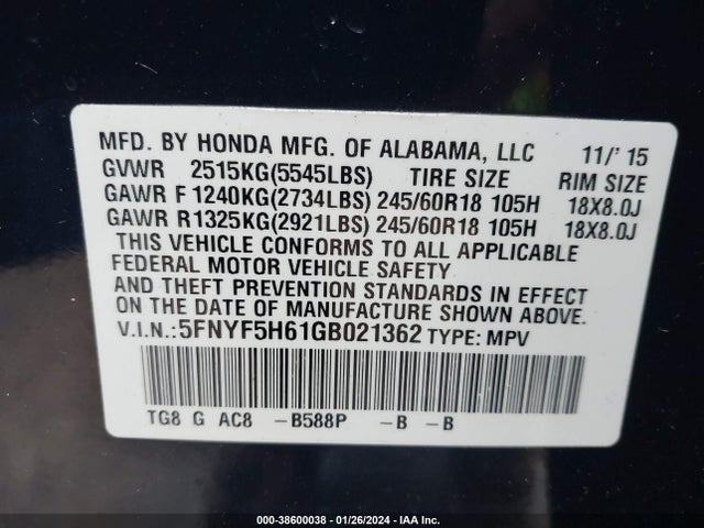 Honda Pilot Ex-l 2016 5FNYF5H61GB021362 Image 9