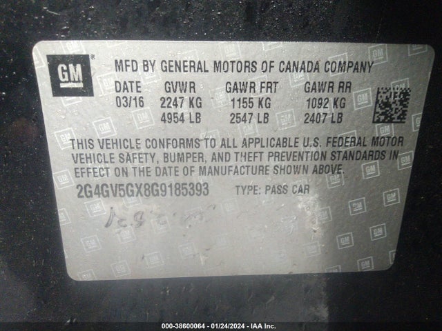 38600064 :رقم المزاد ، 2G4GV5GX8G9185393 vin ، 2016 Buick Regal Turbo Gs مزاد بيع