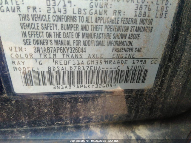 Nissan SENTRA SV 2019 3N1AB7AP6KY326044 Image 9