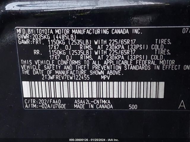 2T3WFREV7EW122455 Toyota Rav4 Xle