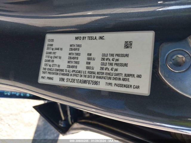 5YJ3E1EA5MF875961 Tesla Model 3 Standard Range Plus Rear-wheel Drive
