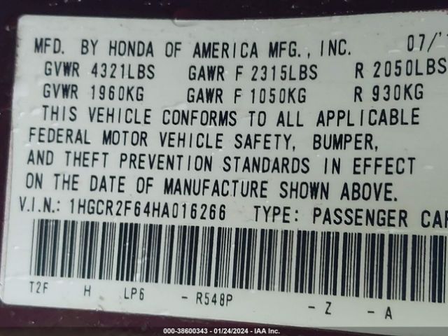 1HGCR2F64HA016266 Honda Accord Sport