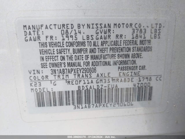 2014 NISSAN SENTRA SV VIN: 3N1AB7APXEY290606