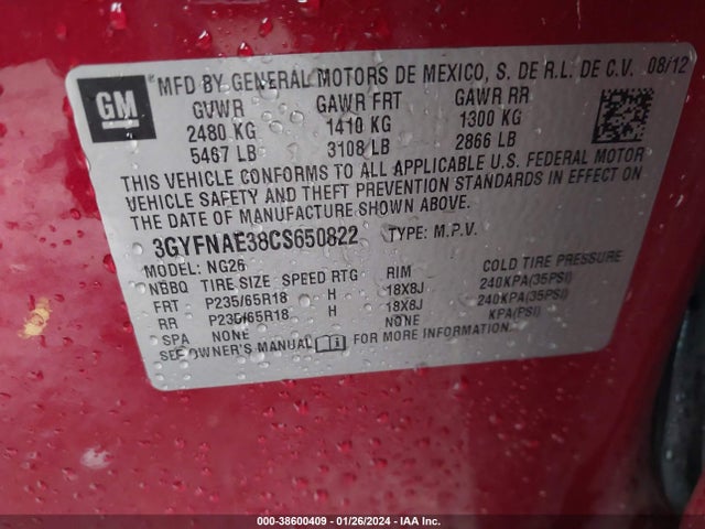 Продажа на аукционе авто 2012 Cadillac Srx Luxury Collection, vin: 3GYFNAE38CS650822, номер лота: 38600409
