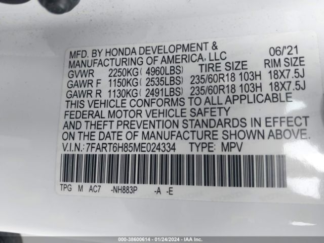 7FART6H85ME024334 Honda Cr-v Hybrid Ex-l