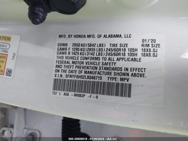 Honda Pilot Awd Ex-l 2020 5FNYF6H52LB046715 Image 9