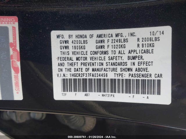 Honda ACCORD LX 2015 1HGCR2F37FA034456 Image 9