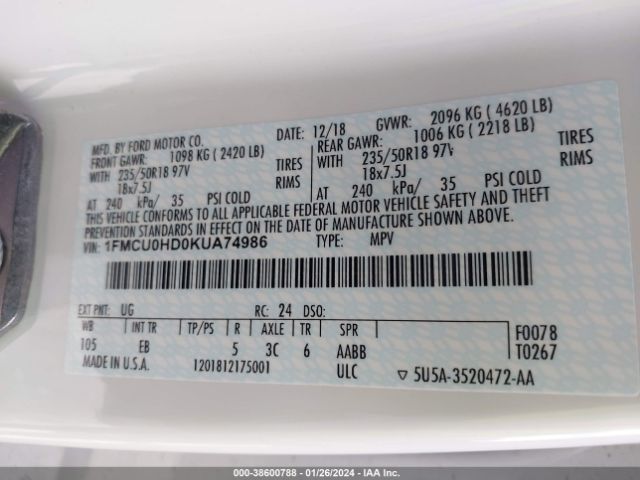 1FMCU0HD0KUA74986 Ford ESCAPE SEL