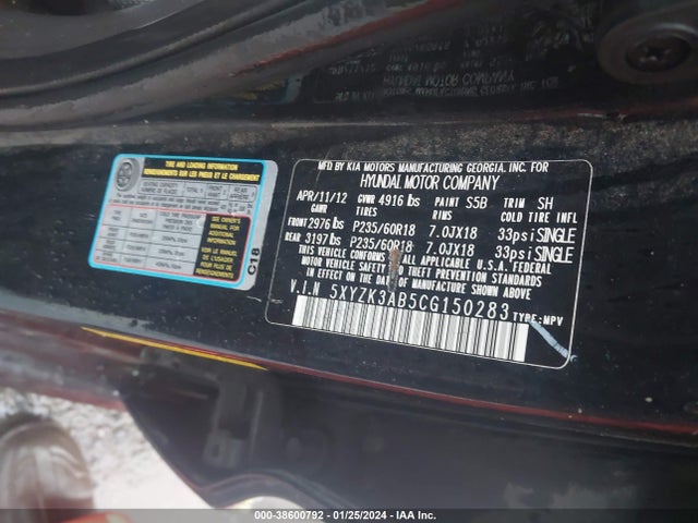 2012 HYUNDAI SANTA FE LIMITED VIN: 5XYZK3AB5CG150283