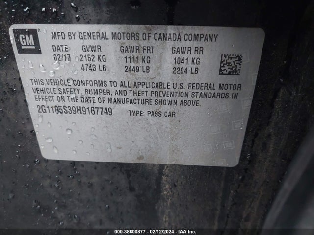 Chevrolet IMPALA 1LT 2017 2G1105S39H9167749 Image 9