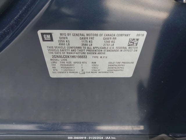 Chevrolet EQUINOX LT 2017 2GNALCEK1H6198833 Image 9