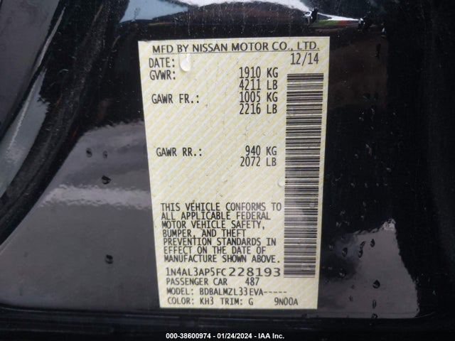 2015 NISSAN ALTIMA 2.5 SV VIN: 1N4AL3AP5FC228193