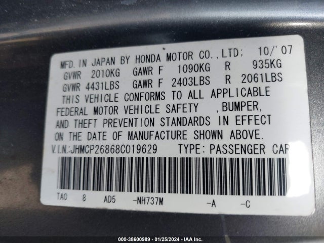2008 HONDA ACCORD 2.4 EX-L VIN: JHMCP26868C019629