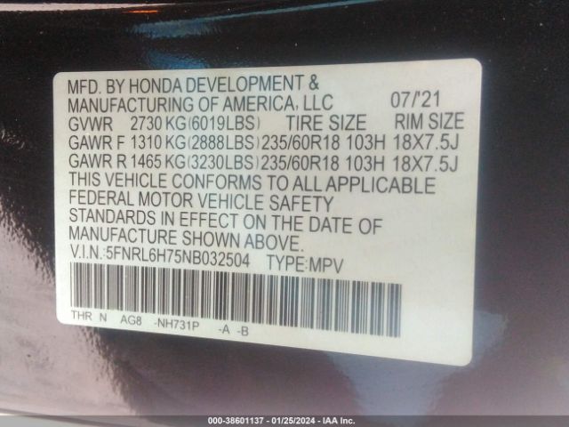 5FNRL6H75NB032504 Honda Odyssey Ex-l