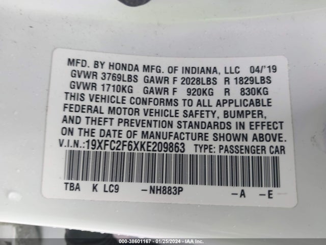 Honda Civic Lx 2019 19XFC2F6XKE209863 Image 9