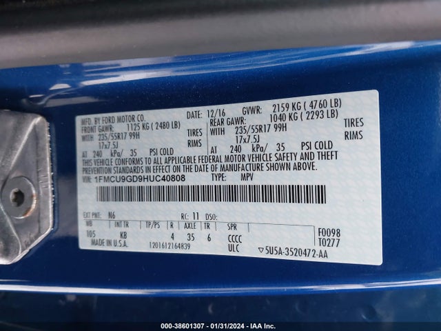Ford ESCAPE SE 2017 1FMCU9GD9HUC40808 Image 9