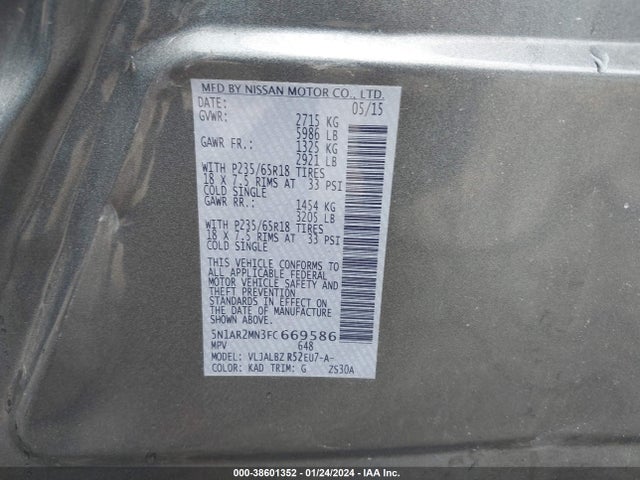 Nissan Pathfinder S 2015 5N1AR2MN3FC669586 Image 9