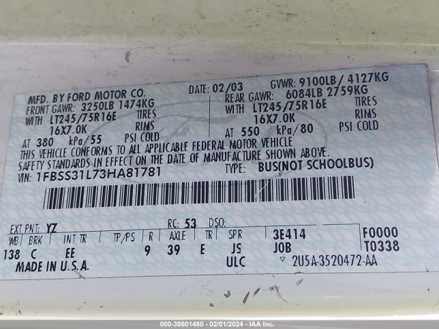 2003 FORD E-350 SUPER DUTY XL/XLT VIN: 1FBSS31L73HA81781